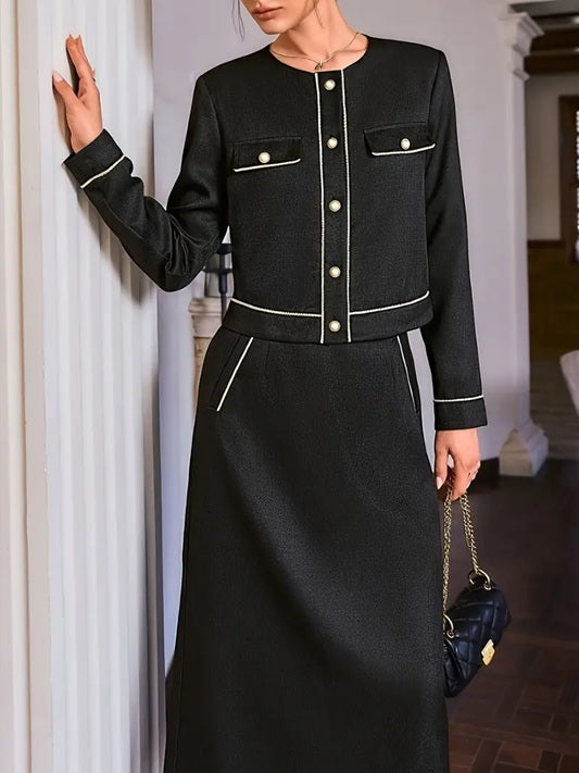 CM-ST021830 Women Elegant Seoul Style Color-Block Crew Neck Long Sleeve Top With Midi Skirt - Set