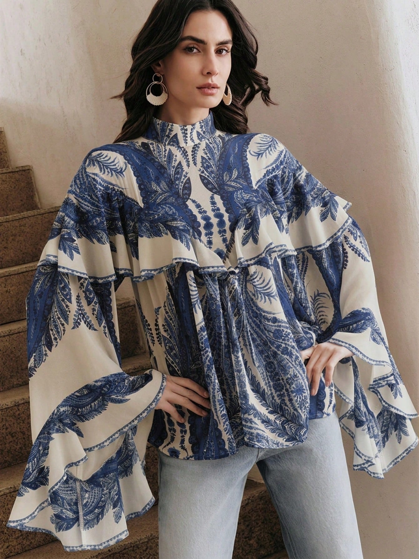 CM-TS393590 Women Trendy Bohemian Style Mock Necl Long Sleeve Plants Print Loose Blouse - Blue