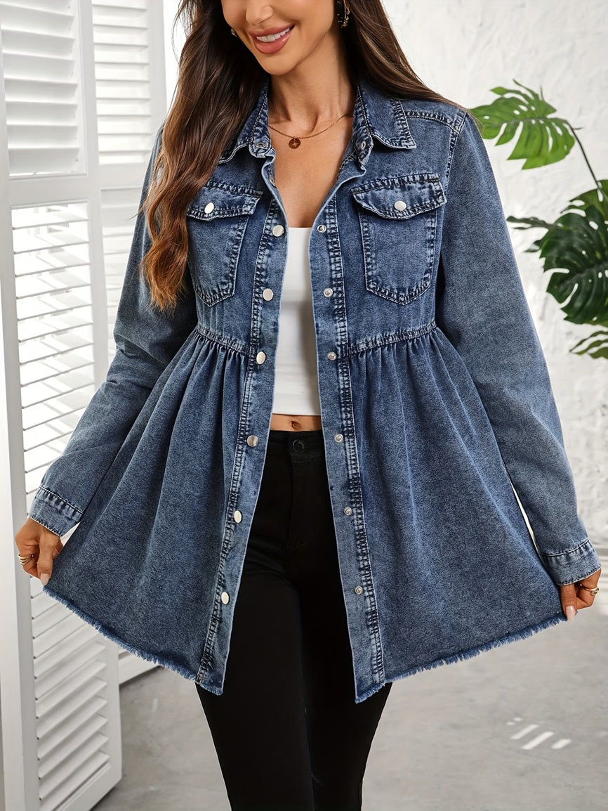 CM-CT070869 Women Casual Seoul Style Collar Neckline Long Sleeve Loose Denim Jacket - Blue