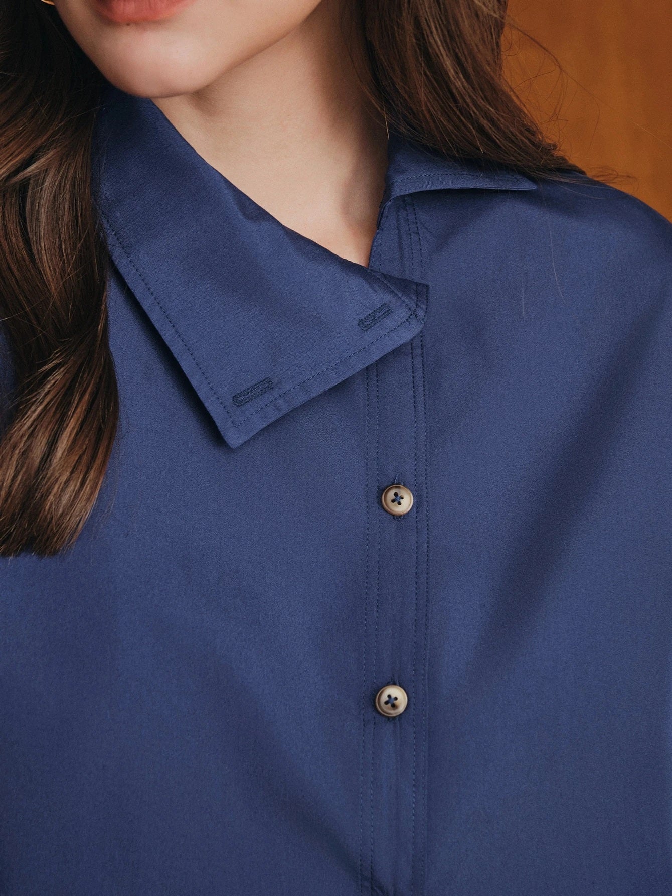 CM-TS778923 Women Elegant Seoul Style Collar Neckline Asymmetric Button Lapel Long Sleeve Blouse - Blue