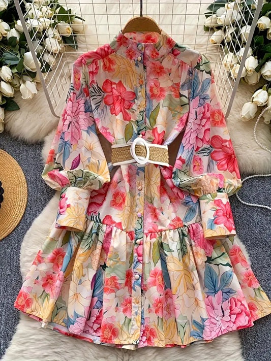CM-DT726427 Women Elegant Seoul Style Stand Collar Long Sleeve Floral Print Peplum Short Dress