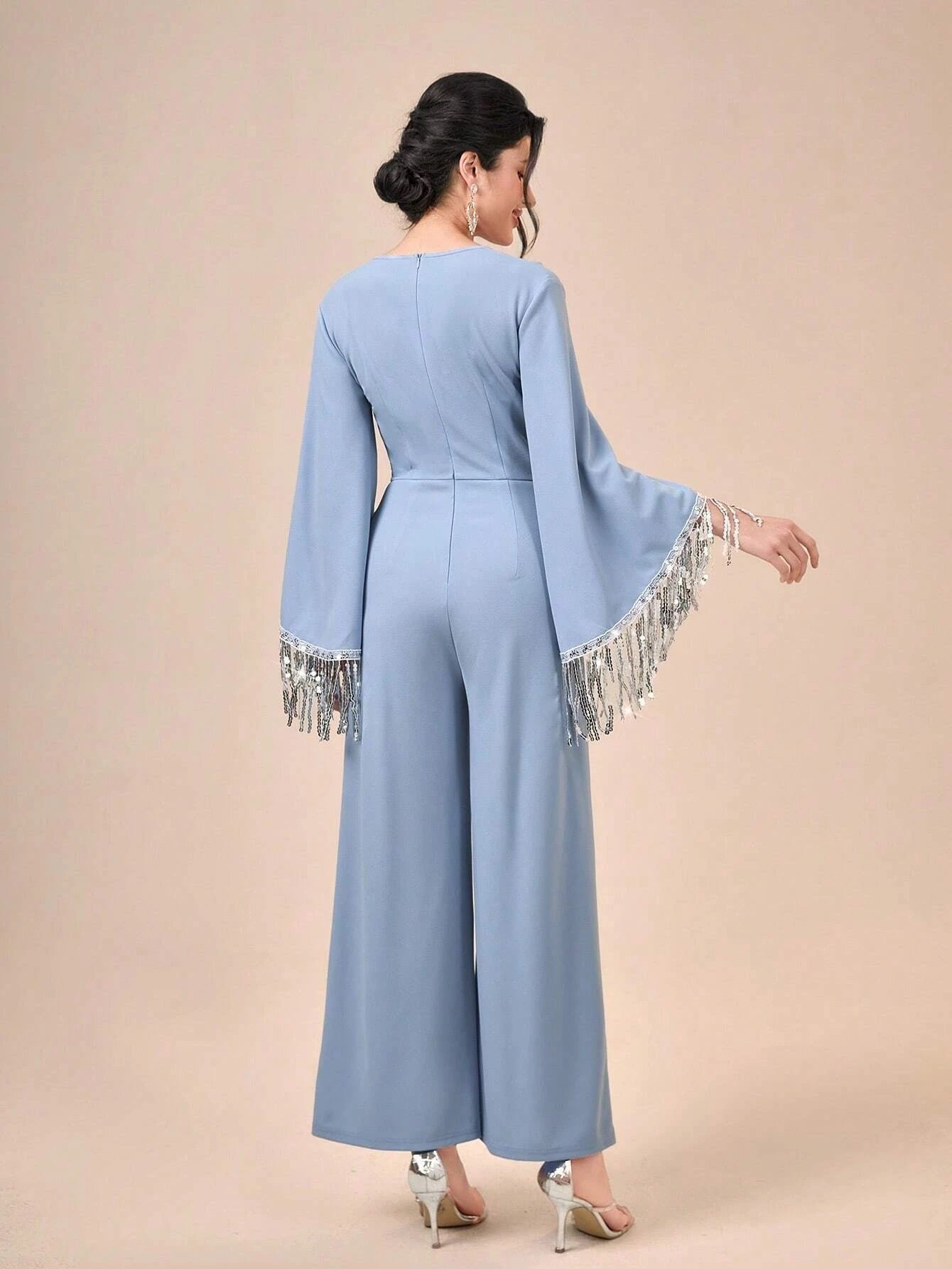 CM-JS180858 Women Elegant Seoul Style Long Sleeve Fringe Trim Wide Leg Jumpsuit - Dusty Blue