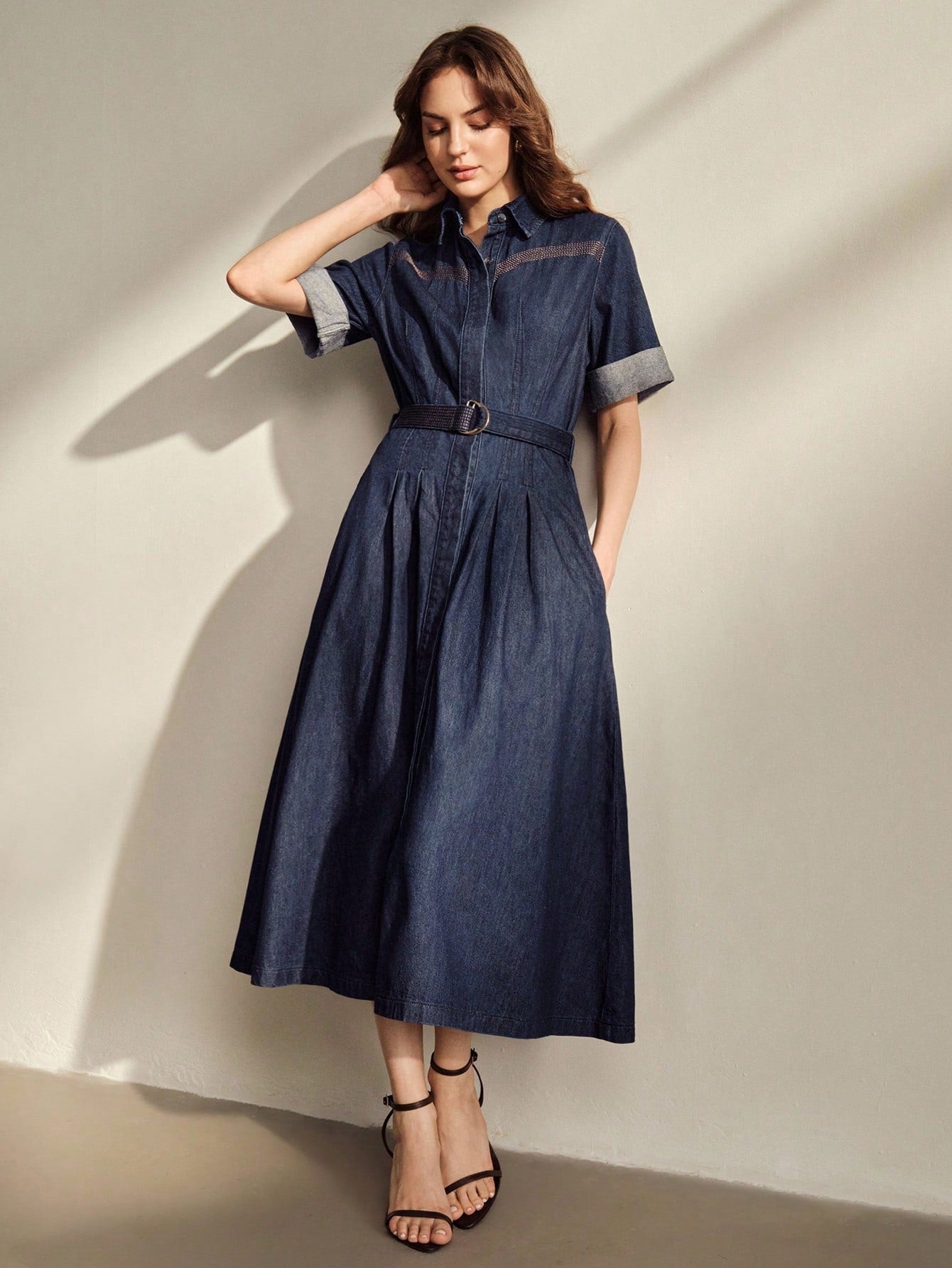 CM-DS464235 Women Elegant Seoul Style Collar Neckline Roll Up Sleeve High Waist Fitted Denim Dress - Blue