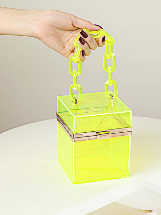CM-BGS372773 Women Trendy Seoul Style Mini Box Bag Clear Chain Strap - Yellow