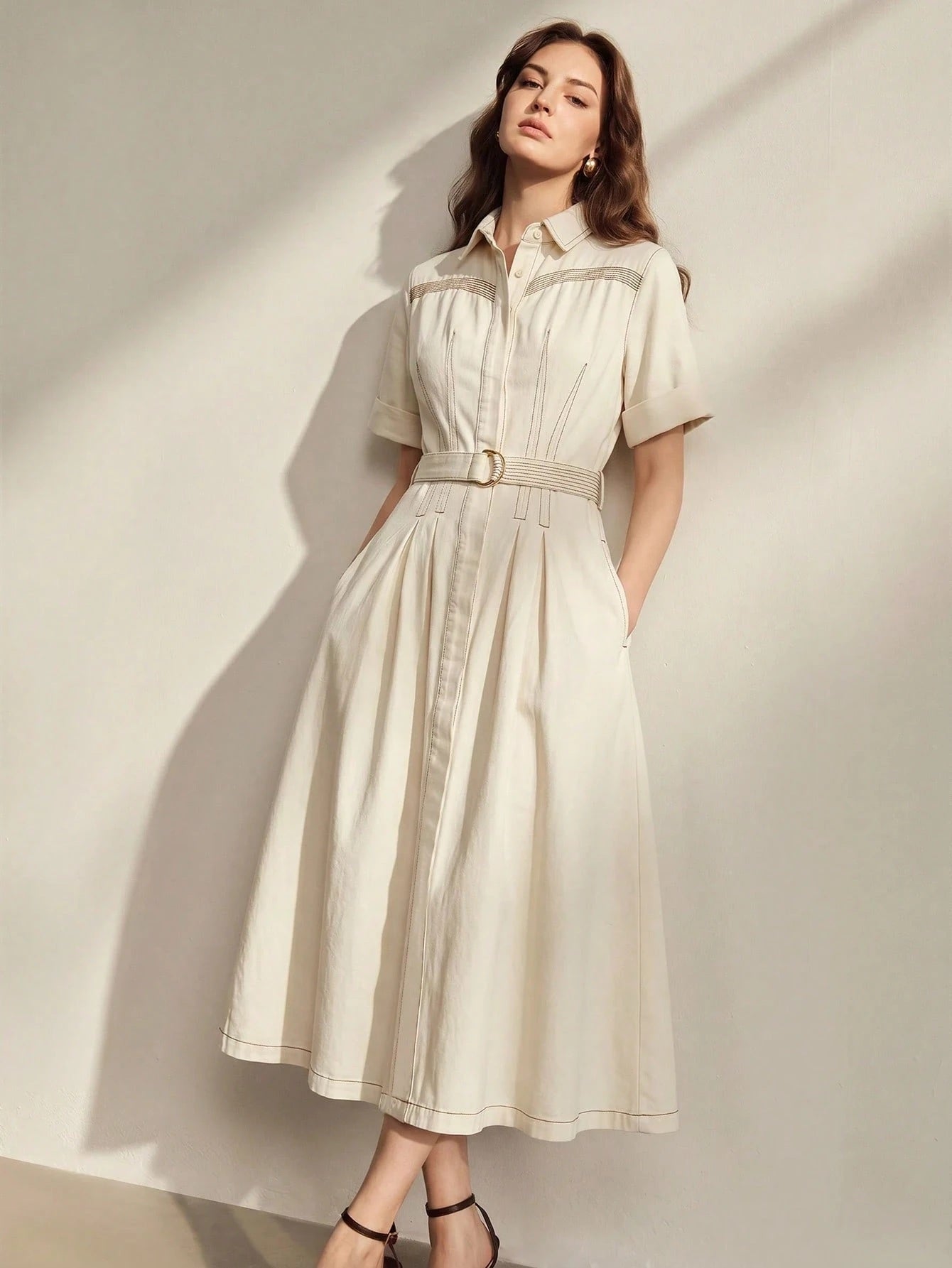 CM-DS359479 Women Elegant Seoul Style Collar Neckline Roll Up Sleeve High Waist Fitted Denim Dress - White