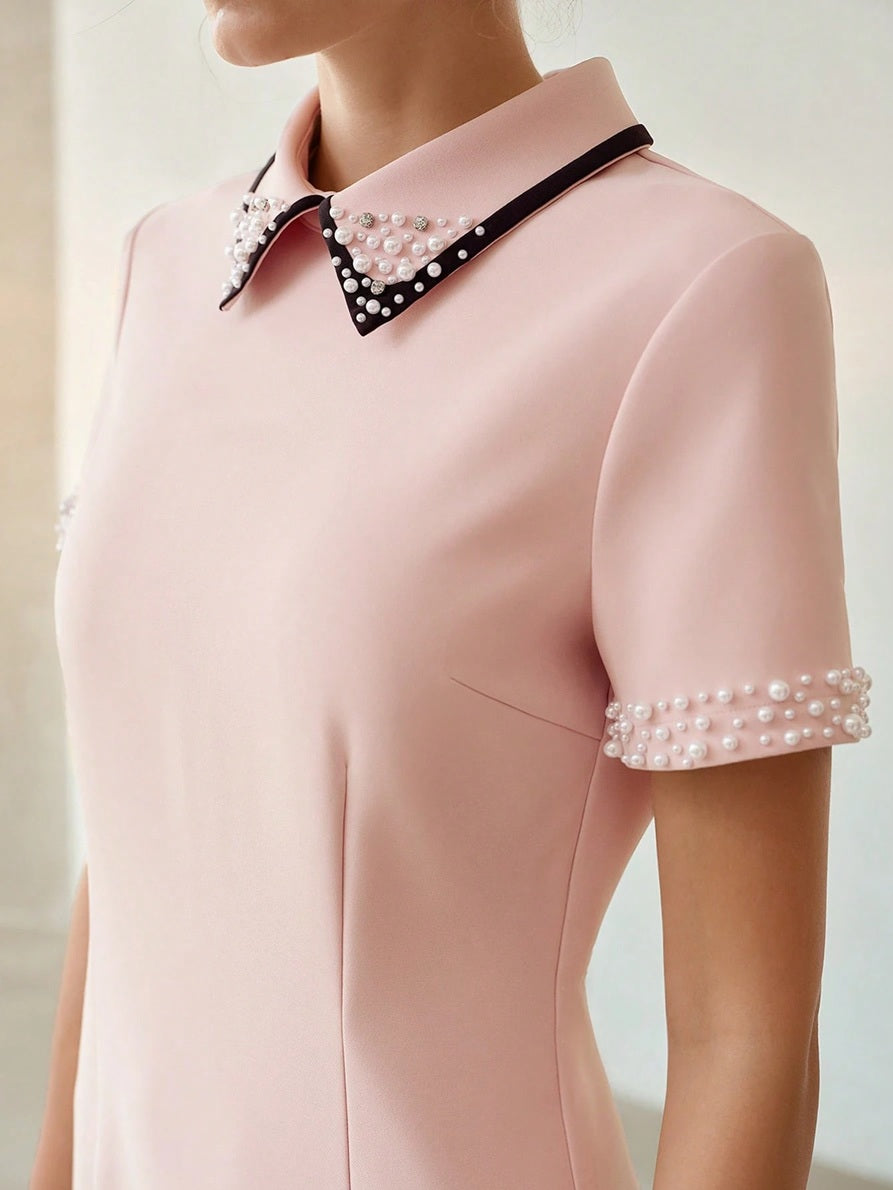 CM-DS438295 Women Elegant Seoul Style Collar Neckline Short Sleeve Minimalist Mini Dress - Pink