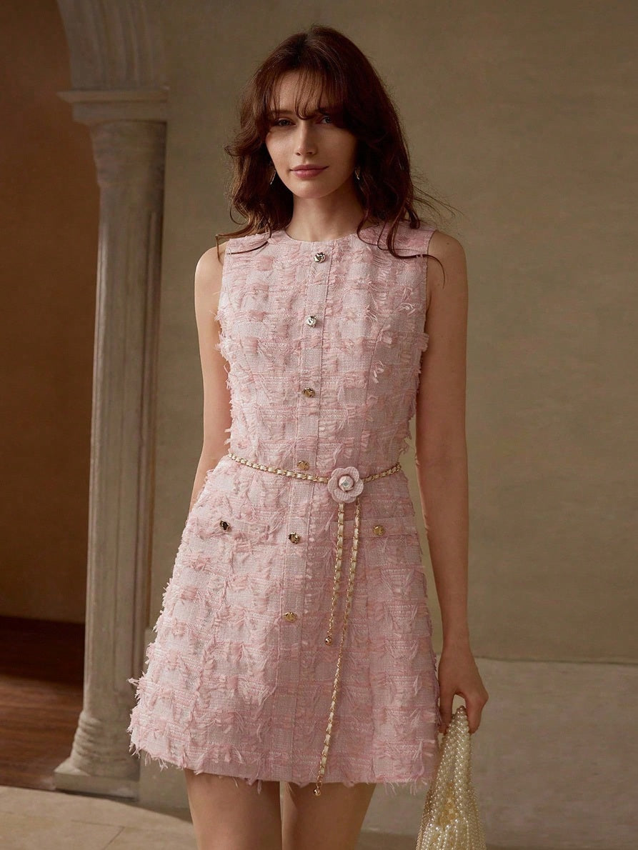 CM-DS077193 Women Elegant Seoul Style Round Neck Sleeveless Tweed Button Up Short Dress - Pink