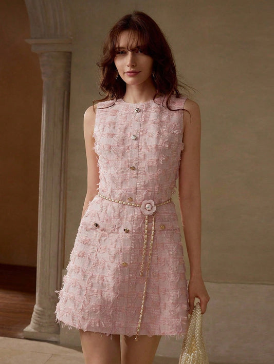 CM-DS077193 Women Elegant Seoul Style Round Neck Sleeveless Tweed Button Up Short Dress - Pink