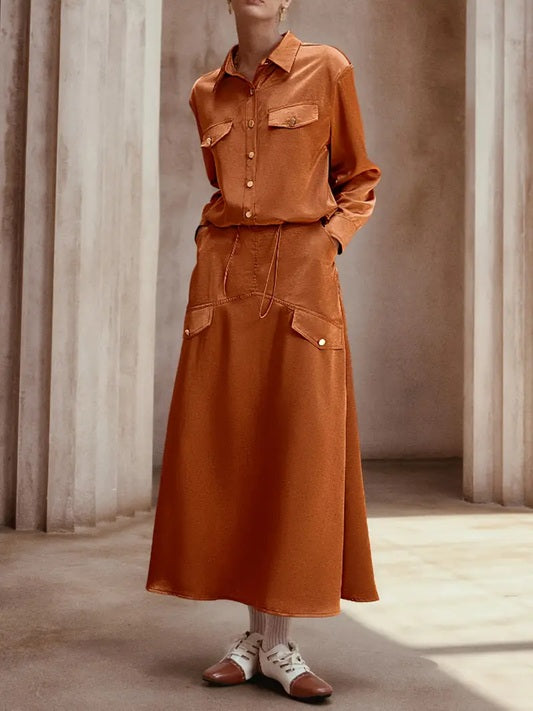 CM-ST351276 Women Elegant Seoul Style Solid Color Front Button Long Sleeve Drawstring Top With Maxi Skirt - Set