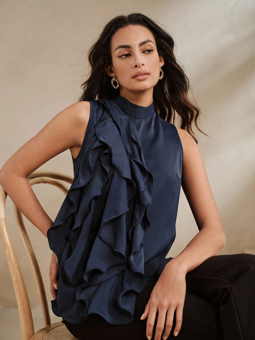 CM-TS898028 Women Elegant Seoul Style High Neck Sleeveless Multi-Layer Ruffle Asymmetric Tank Top - Navy Blue