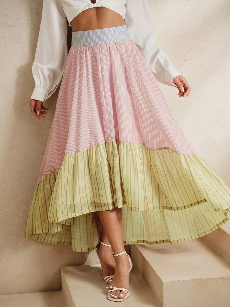 CM-BS281437 Women Tendy Bohemian Style Striped Patchwork Asymmetrical Hem High Waist Puffy A-Line Skirt
