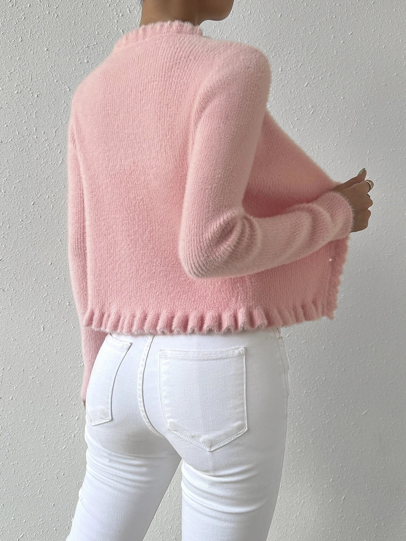 CM-CS713218 Women Casual Seoul Style Frill Trim Open Front Cardigan - Baby Pink