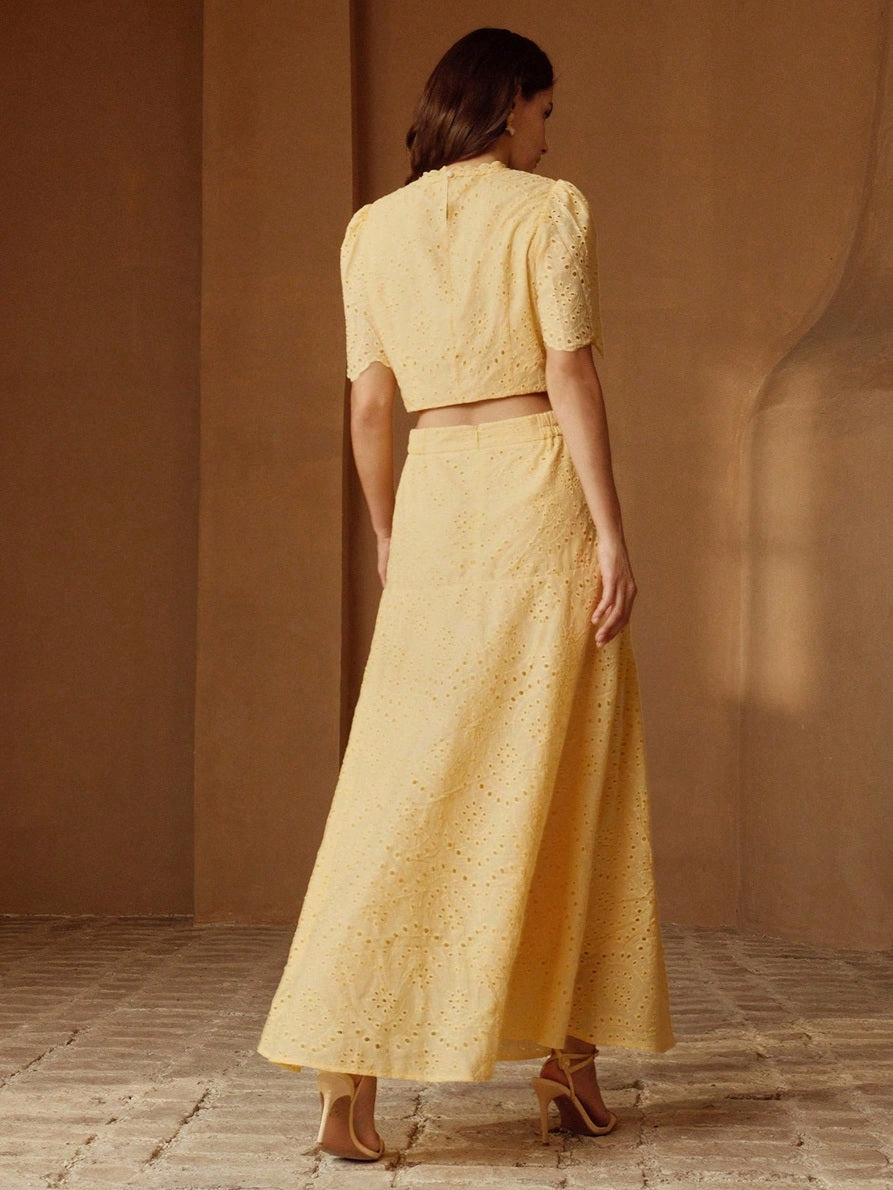 CM-SS040871 Women Elegant Seoul Style Round Neck Puff Sleeve Lace Patchwork Cropped Top With Long Skirt - Set