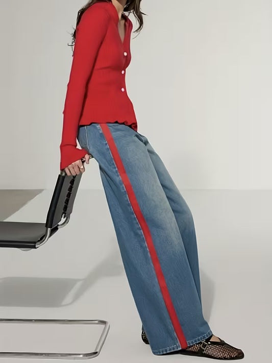 CM-BT342902 Women Casual Seoul Style Medium Wash Straight-Leg Webbing Patchwork Jeans