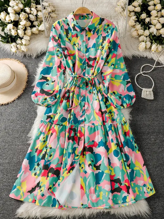 CM-DT291127 Women Casual Seoul Style Turn Collar Lantern Sleeve Asymmetrical Floral Print Shirt Dress