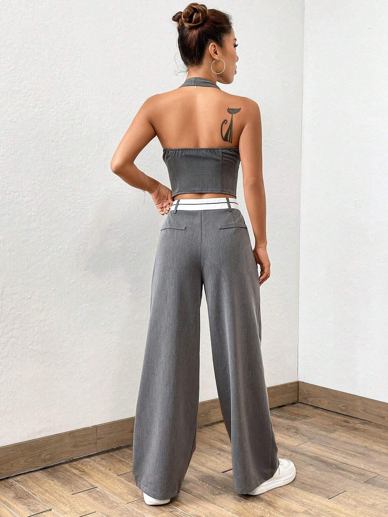 CM-SS333434 Women Casual Seoul Style Button Front Halter Top With Wide Leg Pants - Set