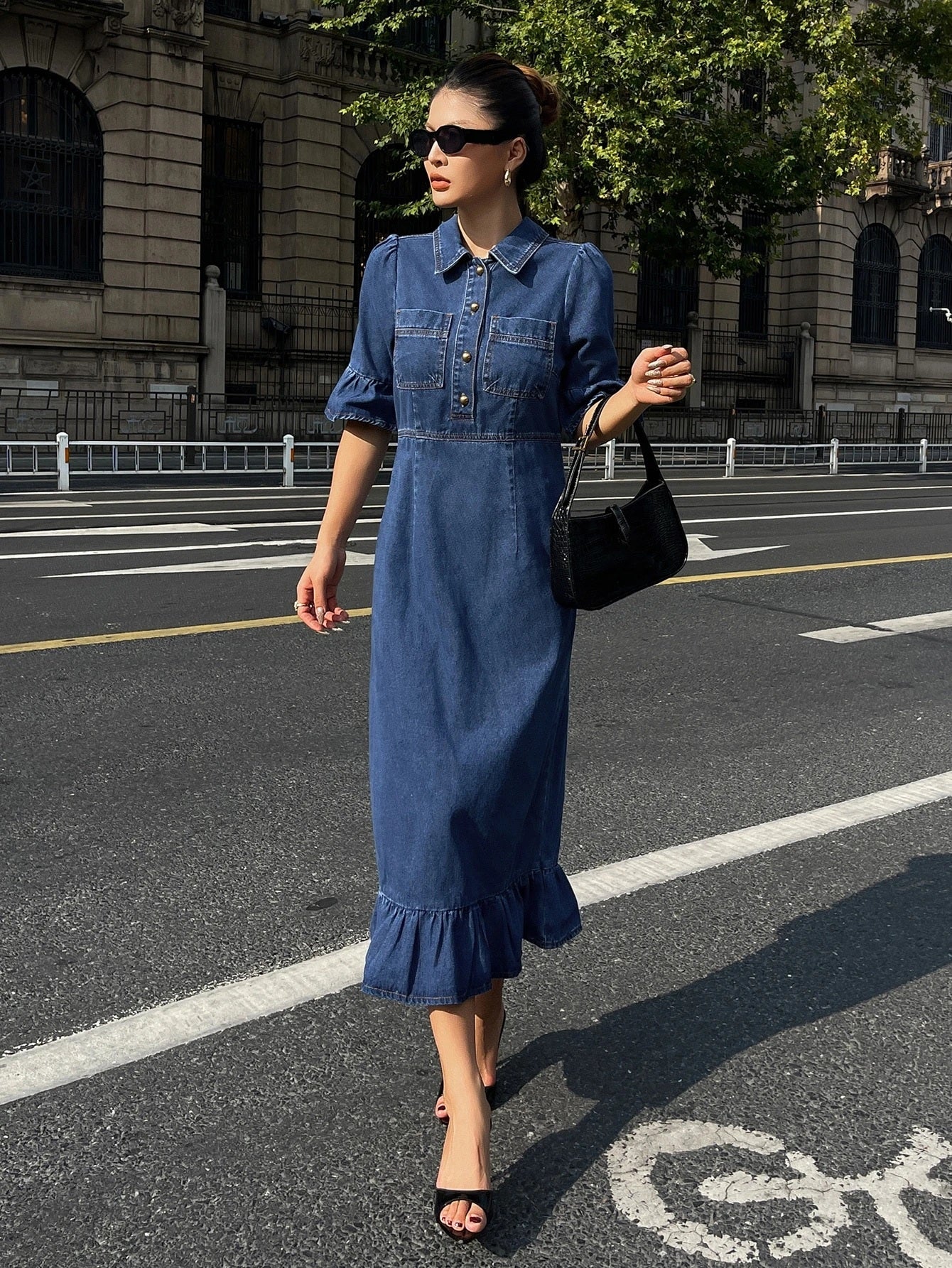 CM-DS370755 Women Casual Seoul Style Turn-Down Collar Cinched Waist Ruffle Hem Midi Dress - Blue