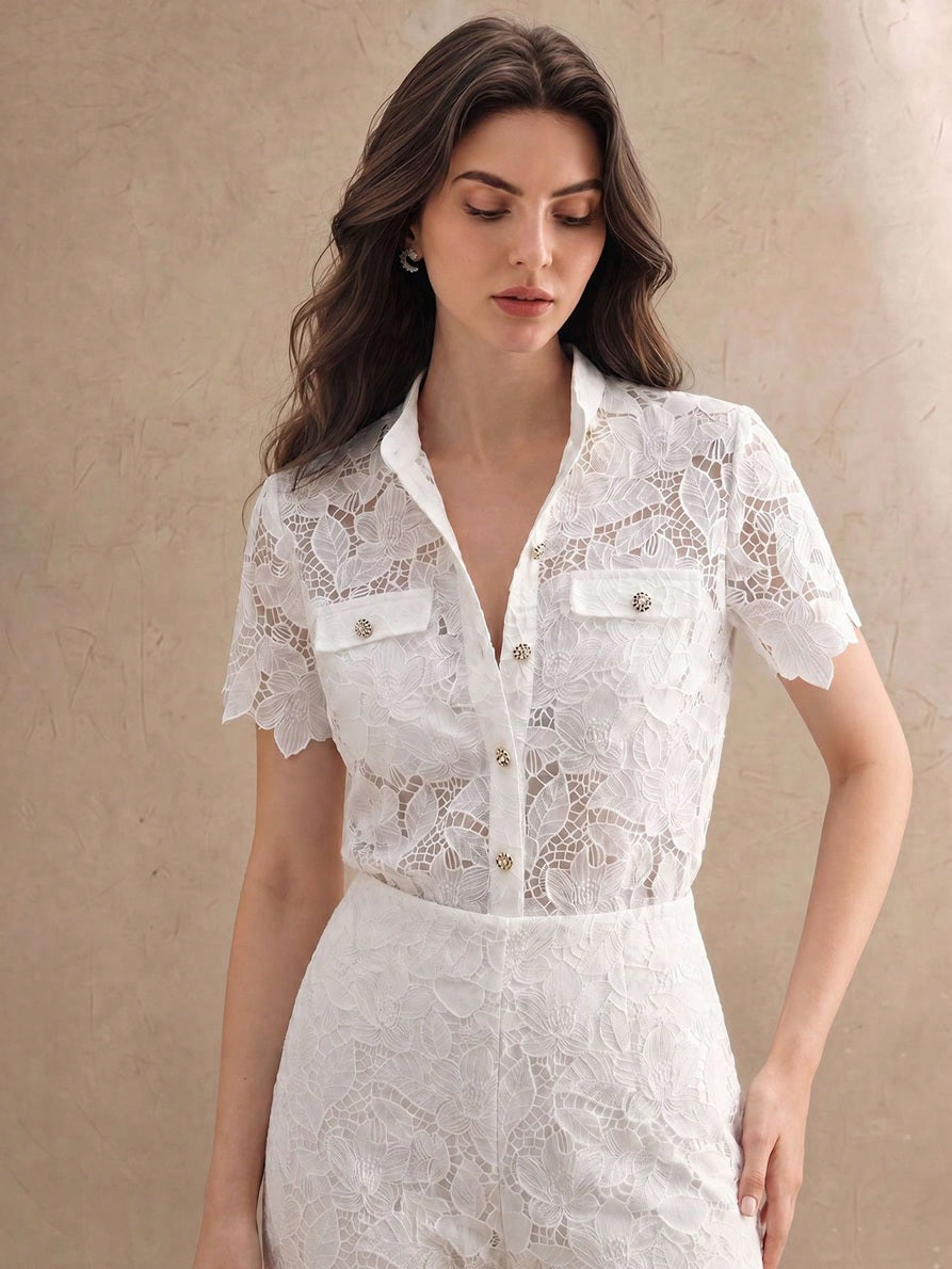CM-TS807408 Women Elegant Seoul Style Round Neck Short Sleeve Button Front Sheer Lace Top - White