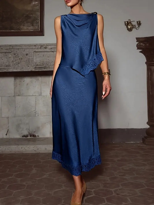 CM-ST461995 Women Elegant Seoul Style Solid Color Glossy Contrast Lace Splicing Vest With Long Skirt - Set