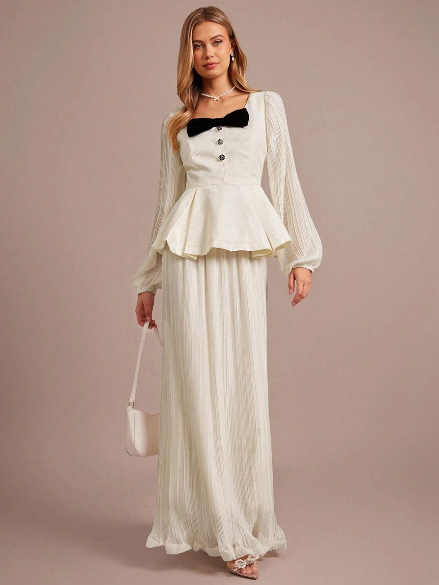 CM-SS032569 Women Elegant Seoul Style Square Neck Bow Decor Lantern Sleeve Ruffle Hem Top With Long Pleated Skirt - Set