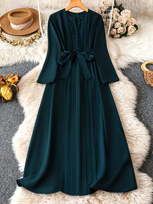 CM-DT708348 Women Elegant Seoul Style V-Neck Long Sleeve Ruched Waist Bow Detail A-Line Midi Dress