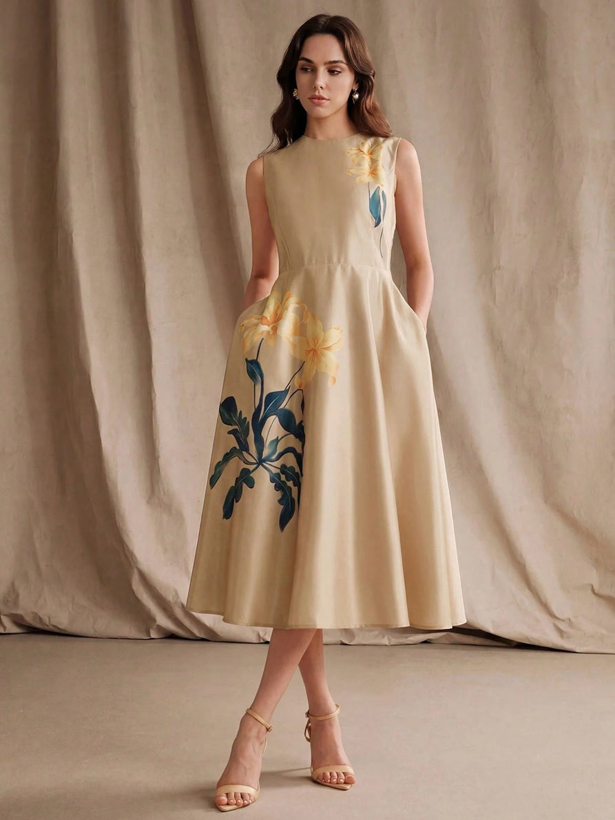 CM-DS128881 Women Elegant Seoul Style Round Neck Sleeveless Waist Cinched Floral Print A-Line Dress - Apricot