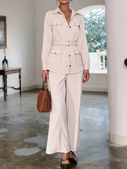 CM-ST801370 Women Elegant Seoul Style Solid Color Pleated Pocket Decor Long Sleeve Top With Pants - Set