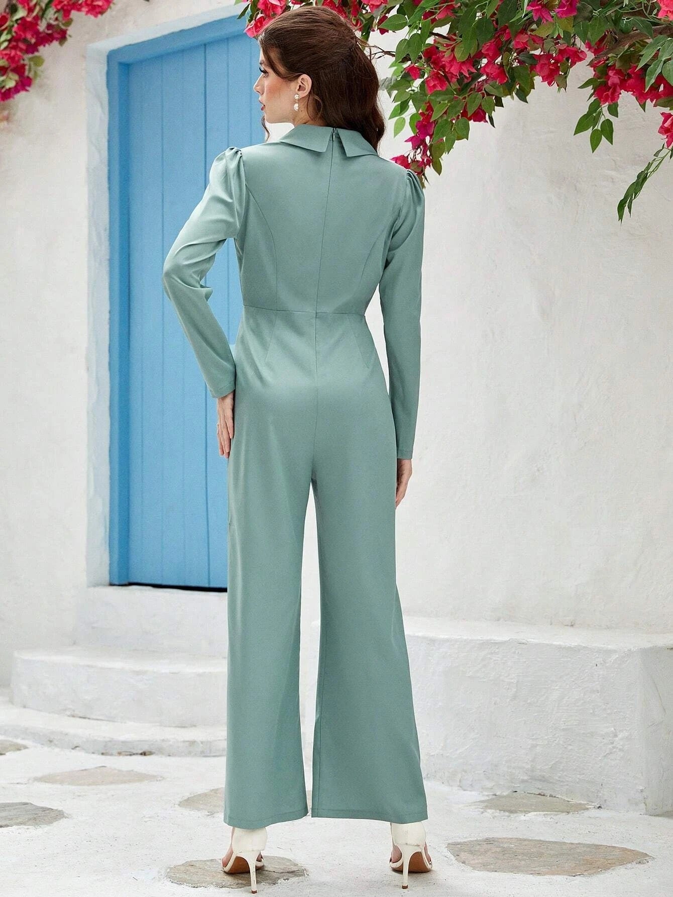 CM-JS799799 Women Elegant Seouol Style Shawl Neck Puff Sleeve Double Breasted Split Hem Jumpsuit