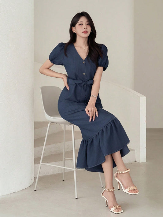 CM-DS294695 Women Casual Seoul Style V-Neck Puff Sleeve Ruffle Hem Cinched Waist Long Dress - Blue