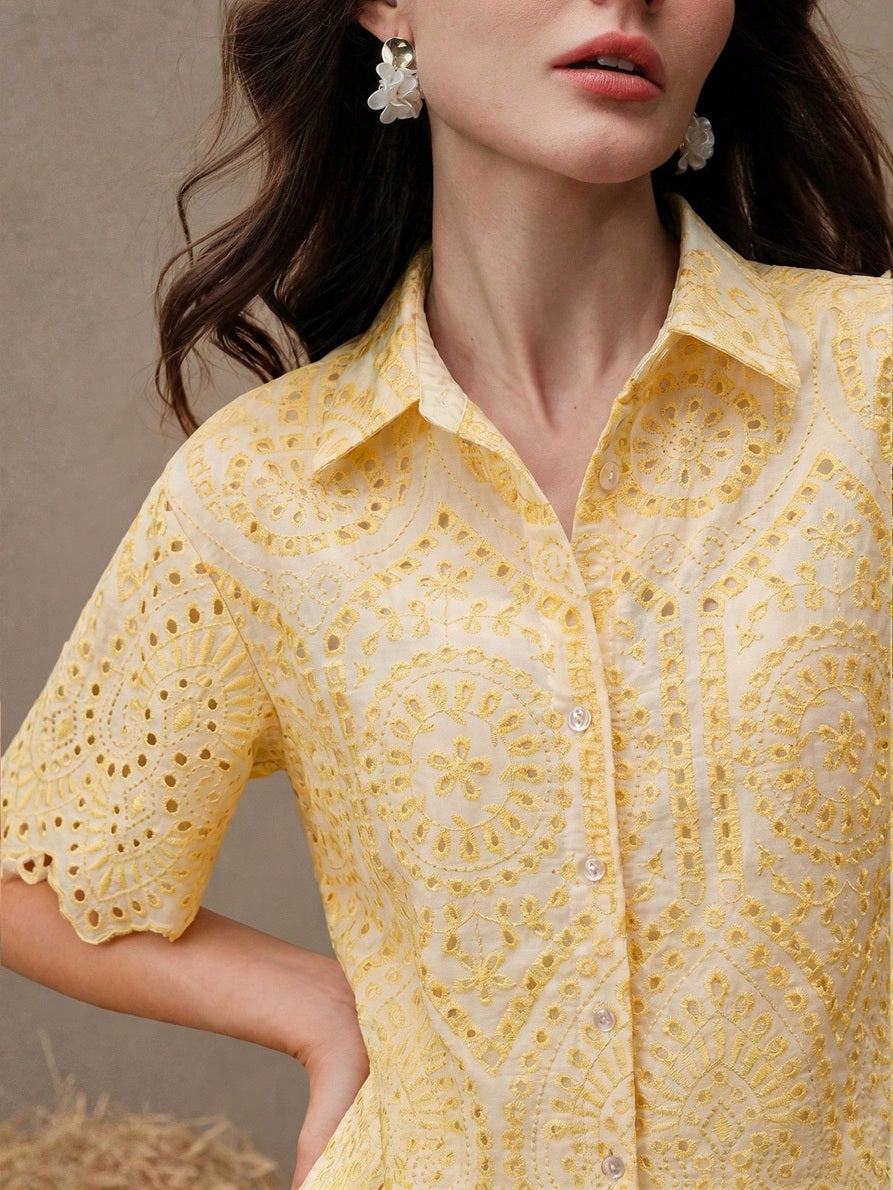 CM-SS778544 Women Trendy Bohemian Style Embroidered Hollow Out Short Sleeve Collared Shirt With Shorts - Set