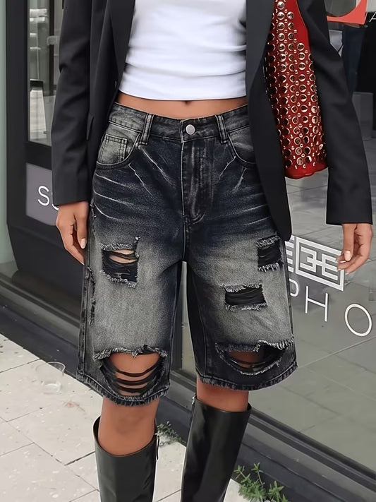 CM-BT755418 Women Casual Seoul Style Gradient Ripped Loose-Fitting Wide-Leg Denim Bermuda Shorts