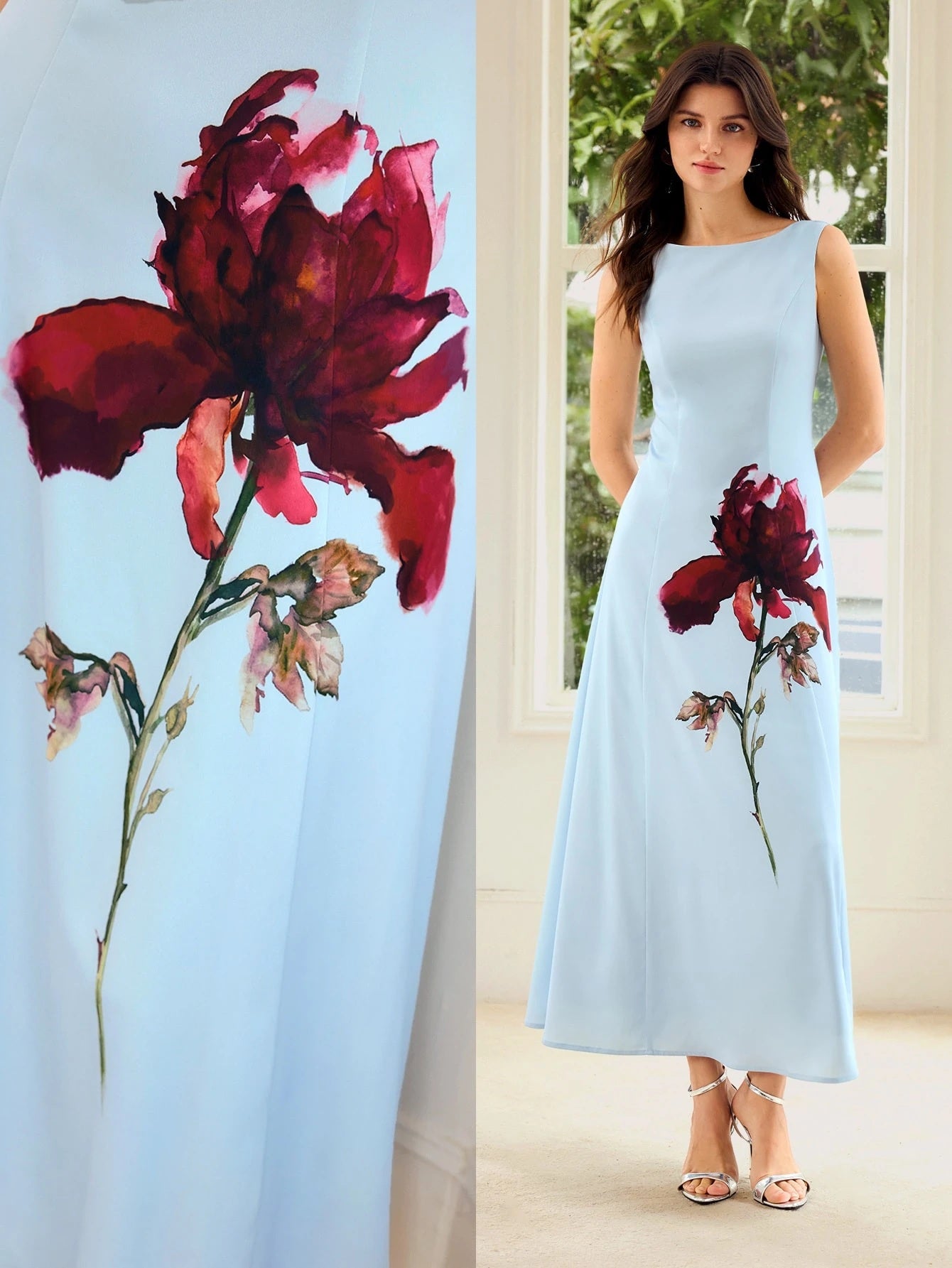 CM-DS205119 Women Elegant Seoul Style Boat Neck Sleeveless Floral Print Slim Waist Flared A-Line Dress