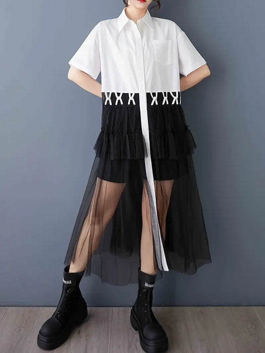 CM-DT892675 Women Casual Seoul Style Colorblock Collar Neckline Short Sleeve Mesh Shirt Dress