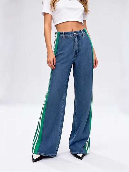 CM-BT576793 Women Casual Seoul Style Patchwork Striped High-Waist Wide-Leg Pants - Green