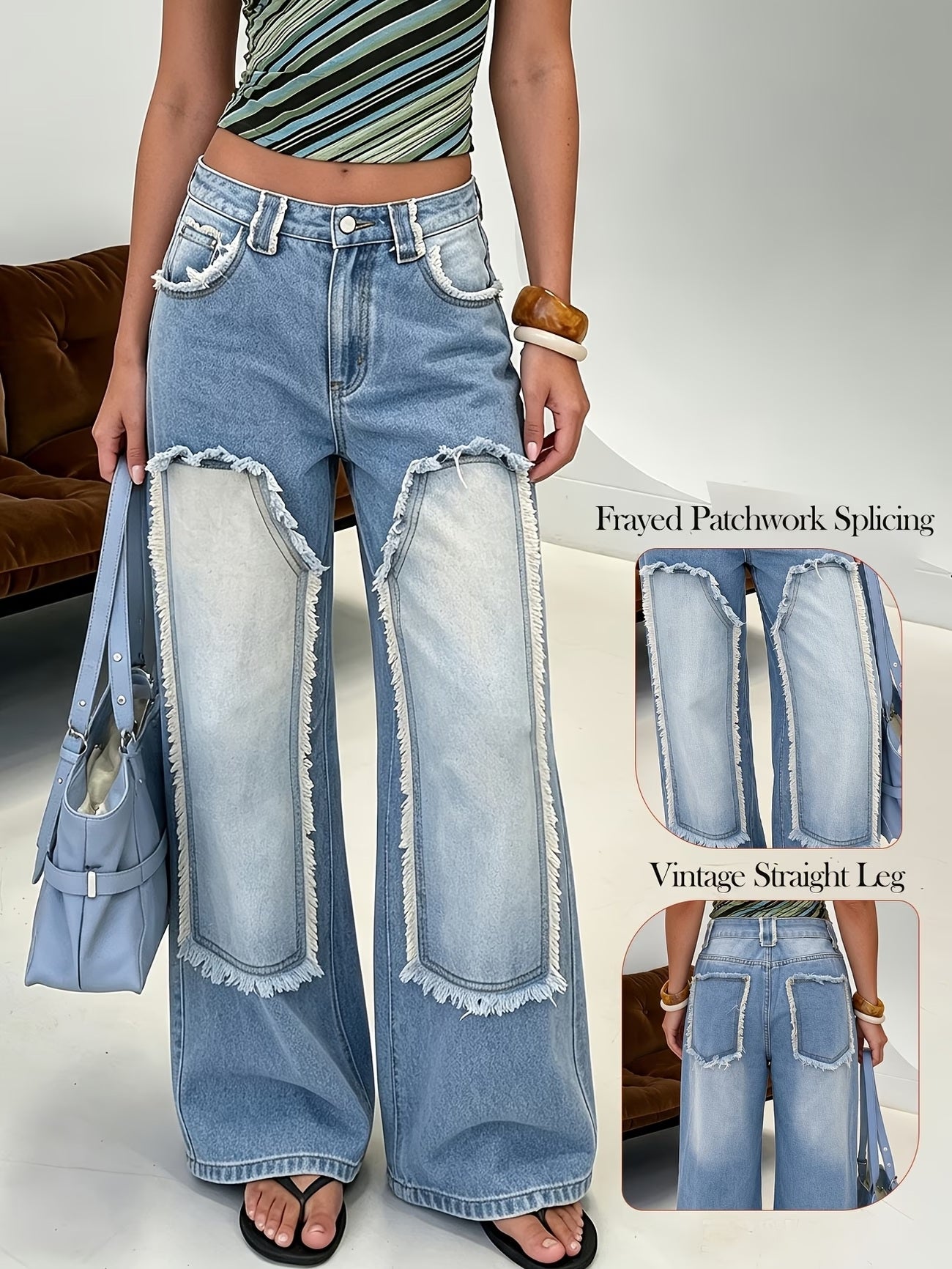 CM-BT023565 Women Casual Seoul Style Frayed Patchwork Raw Edge Panel Wide Leg Jeans