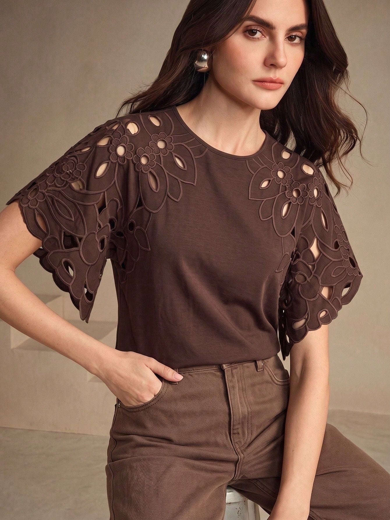 CM-TS611837 Women Casual Seoul Style Round Neck Batwing Sleeve Cut-Out T-Shirt - Brown