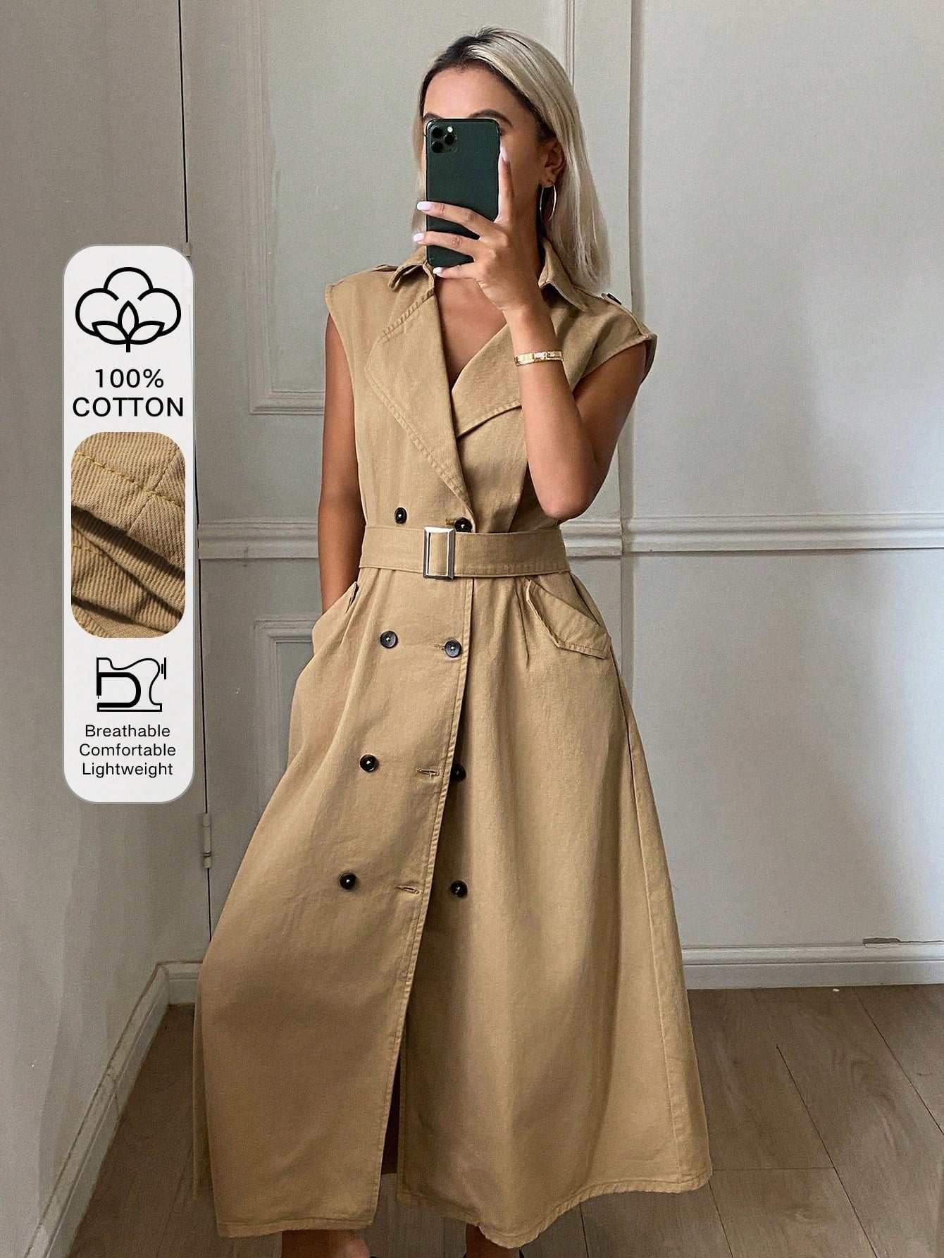 CM-DS808947 Women Casual Seoul Style Lapel Collar Double-Breasted Sleeveless Cinched Waist Denim Dress - Khaki
