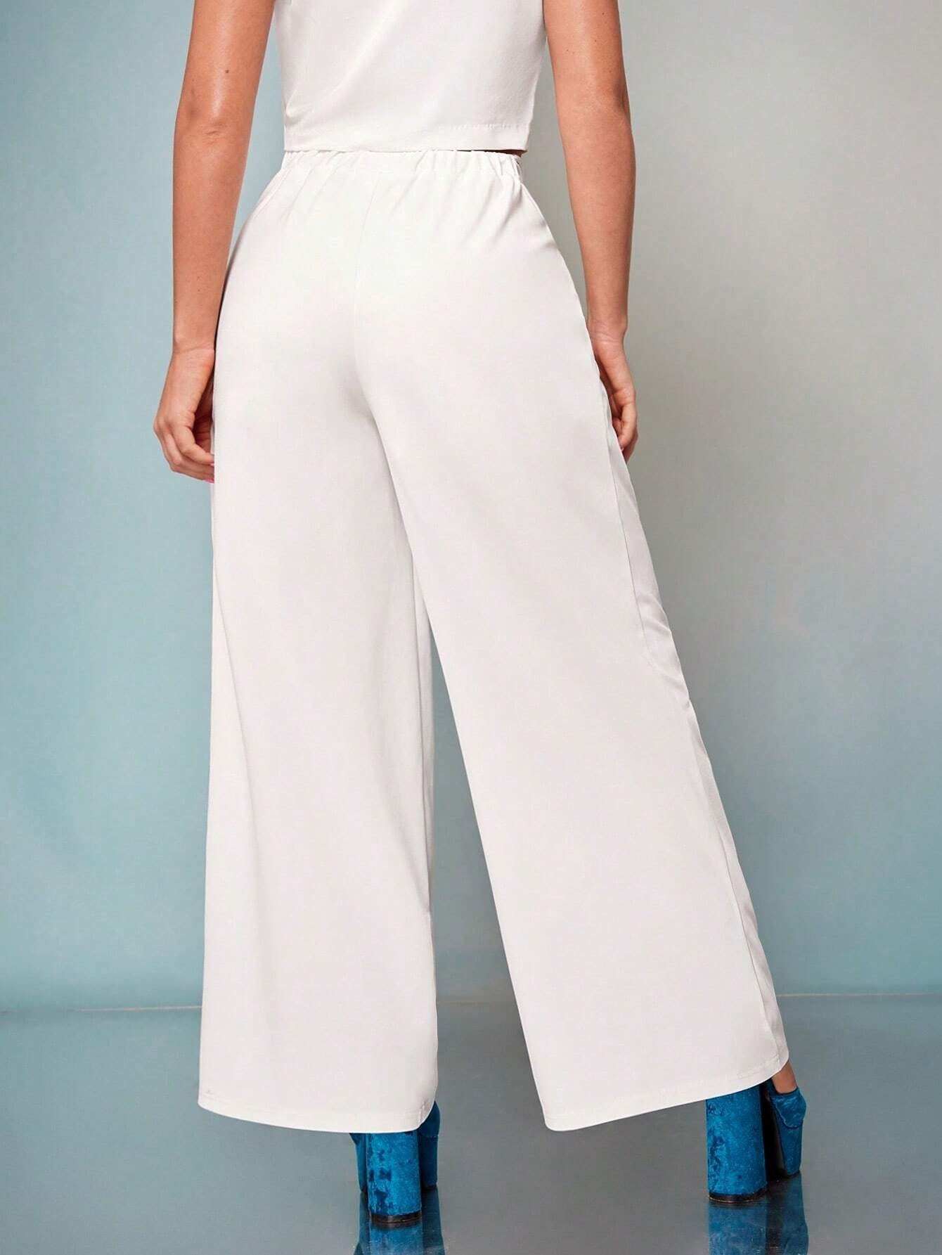 CM-BS905070 Women Elegant Seoul Style High Waist Solid Wide Leg Pants - White