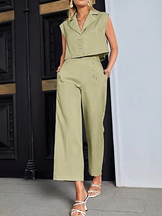 CM-ST537416 Women Elegant Seoul Style Solid Color Lapel Neckline Sleeveless Blouse With Slant Pocket Pants - Set