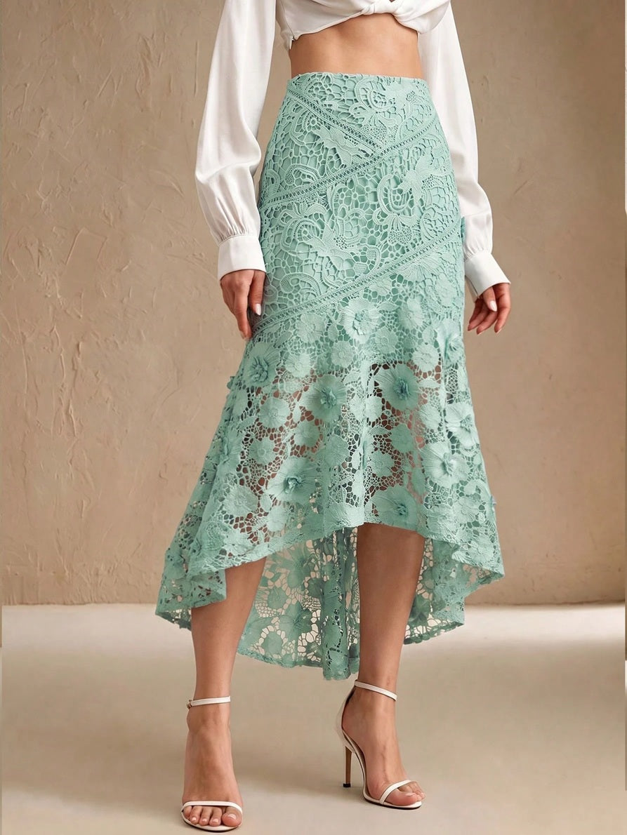 CM-BS607462 Women Elegant Seoul Style High Waist 3D Floral Mermaid Mid-Length Skirt - Green