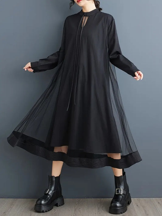 CM-DT757839 Women Elegant Seoul Style V-Neck Long Sleeve A-Line Flowy Midi Dress - Black
