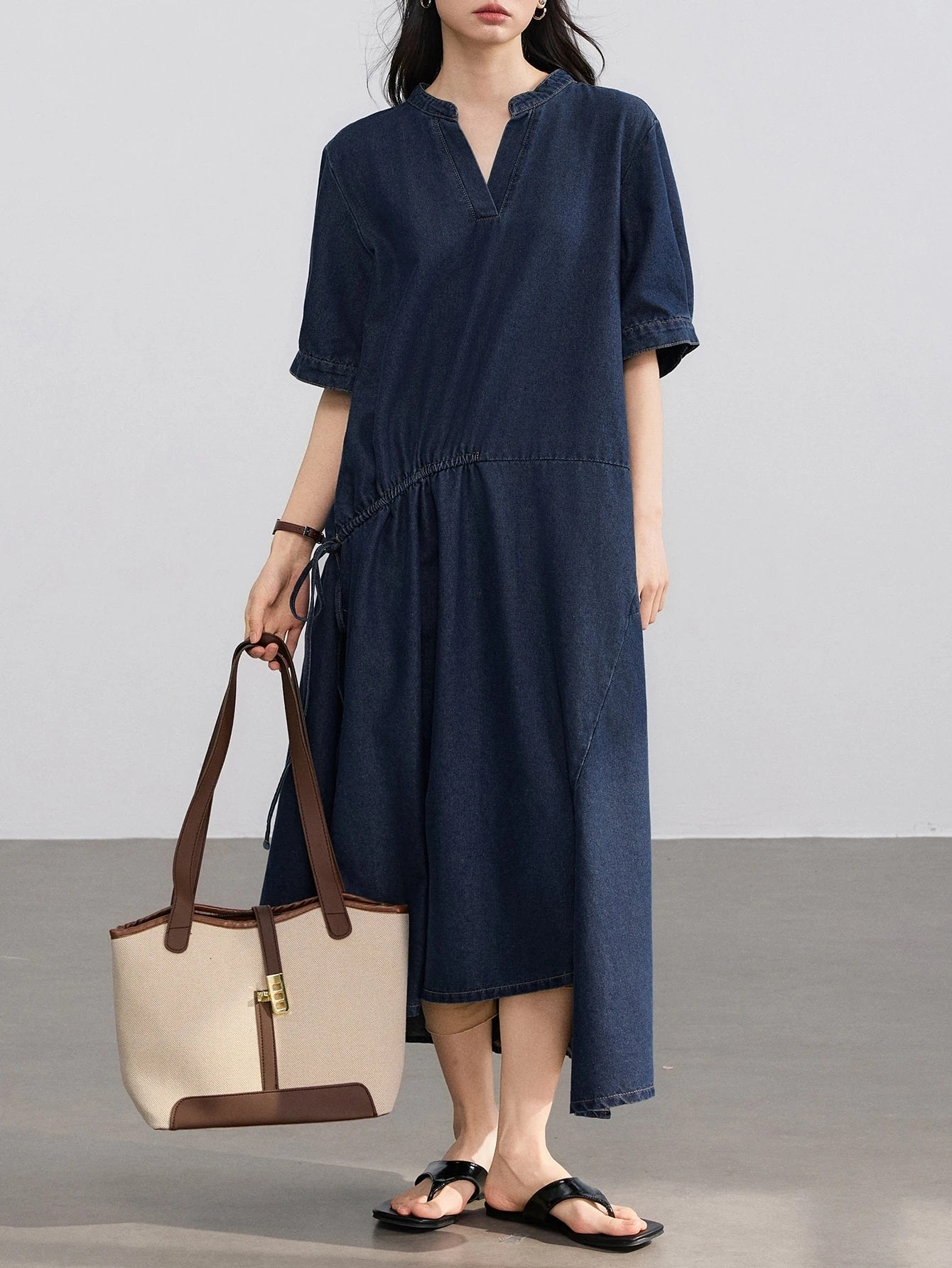 CM-DS713000 Women Casual Seoul Style Darl Wash Collared Long Sleeve Button-Up Cinched Waist Denim Dress