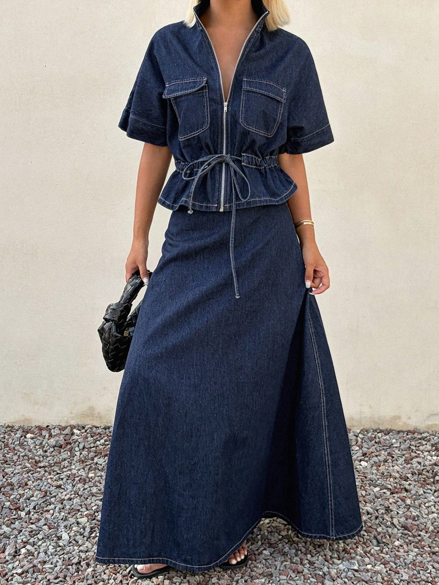 CM-SS535527 Women Casual Seoul Style Stand Collar Short Sleeve Cinched Waist Drawstring Denim Top With A-Line Long Skirt - Set