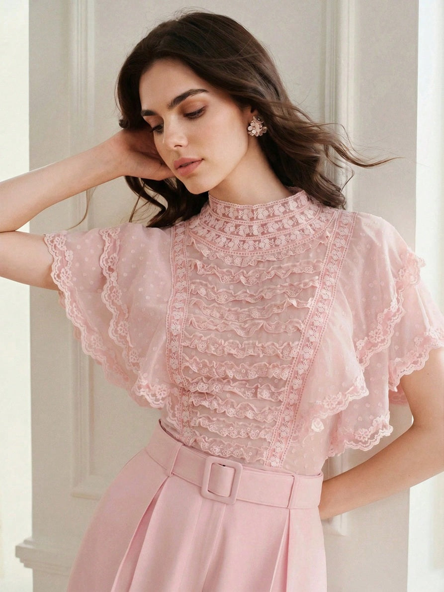 CM-TS161544 Women Elegant Seoul Style Cut-Out Chiffon Contrast Lace Trim Ruffle Short Sleeve Blouse - Pink