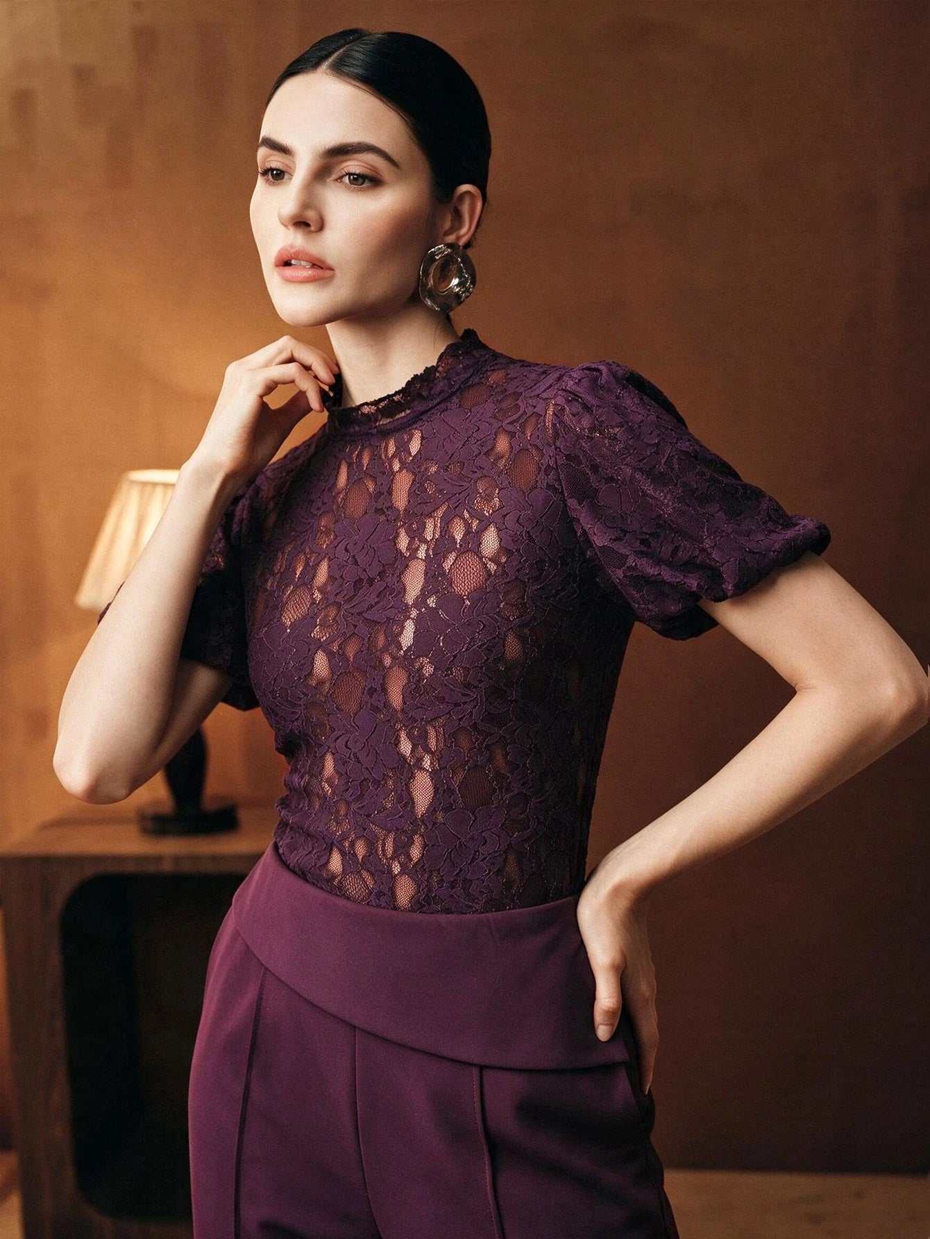 CM-TS334227 Women Elegant Seoul Style Round Neck Floral Lace Puff Short Sleeve T-Shirt - Purple