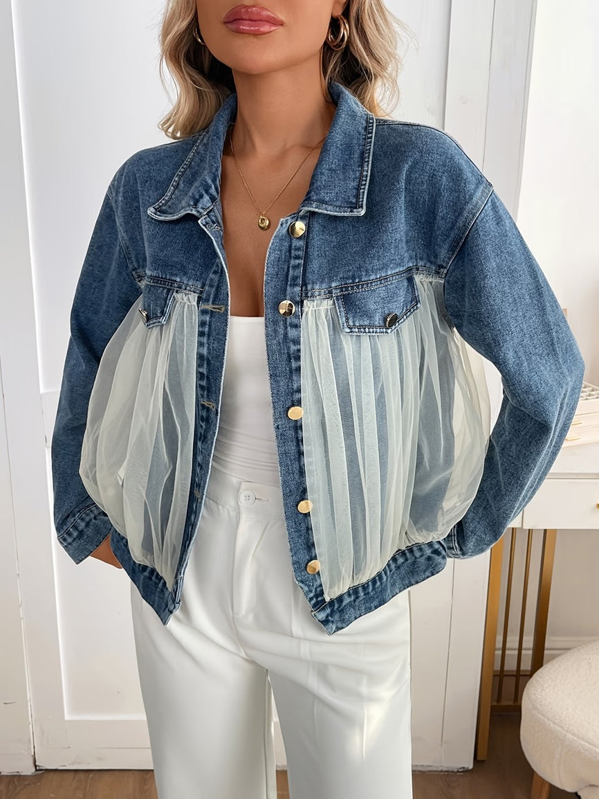 CM-CT494908 Women Casual Seoul Style Collar Neckline Long Sleeve Mesh Patchwork Denim Jacket - Blue