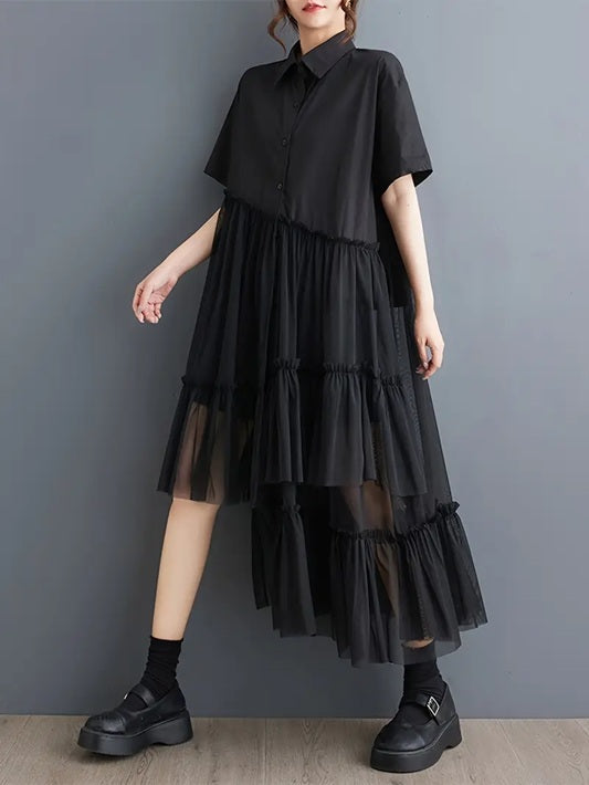 CM-DT180028 Women Casual Seoul Style Collar Neckline Long Sleeve Loose Shirt Dress - Black