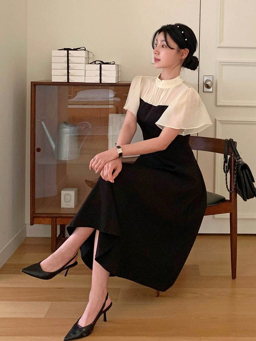 CM-DS116914 Women Elegant Seoul Style Stand Collar Puff Sleeve Patchwork Contrast Color Waist-Cinched Midi Dress