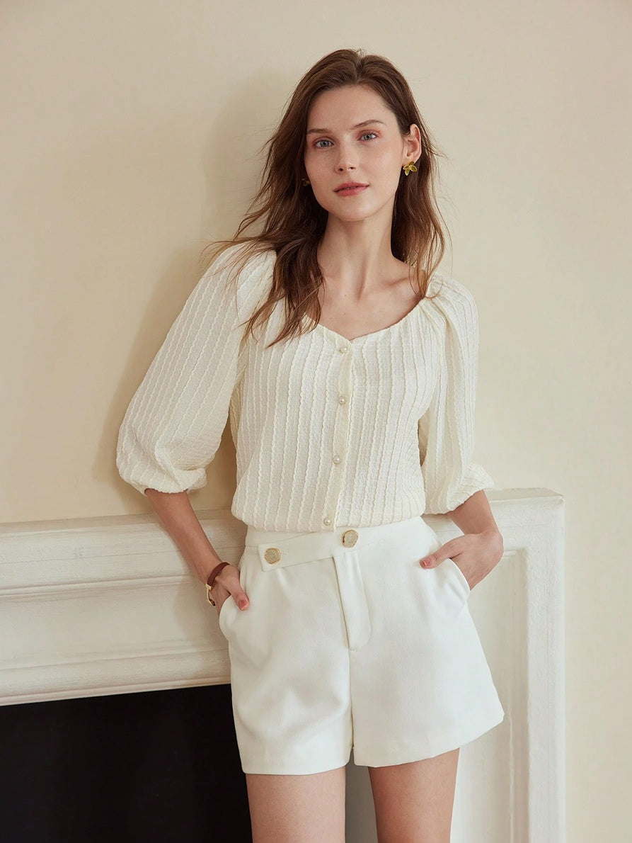CM-TS406926 Women Casual Seoul Style Sweetheart Neckline Puff Sleeve Faux Pearl Button Top - Apricot