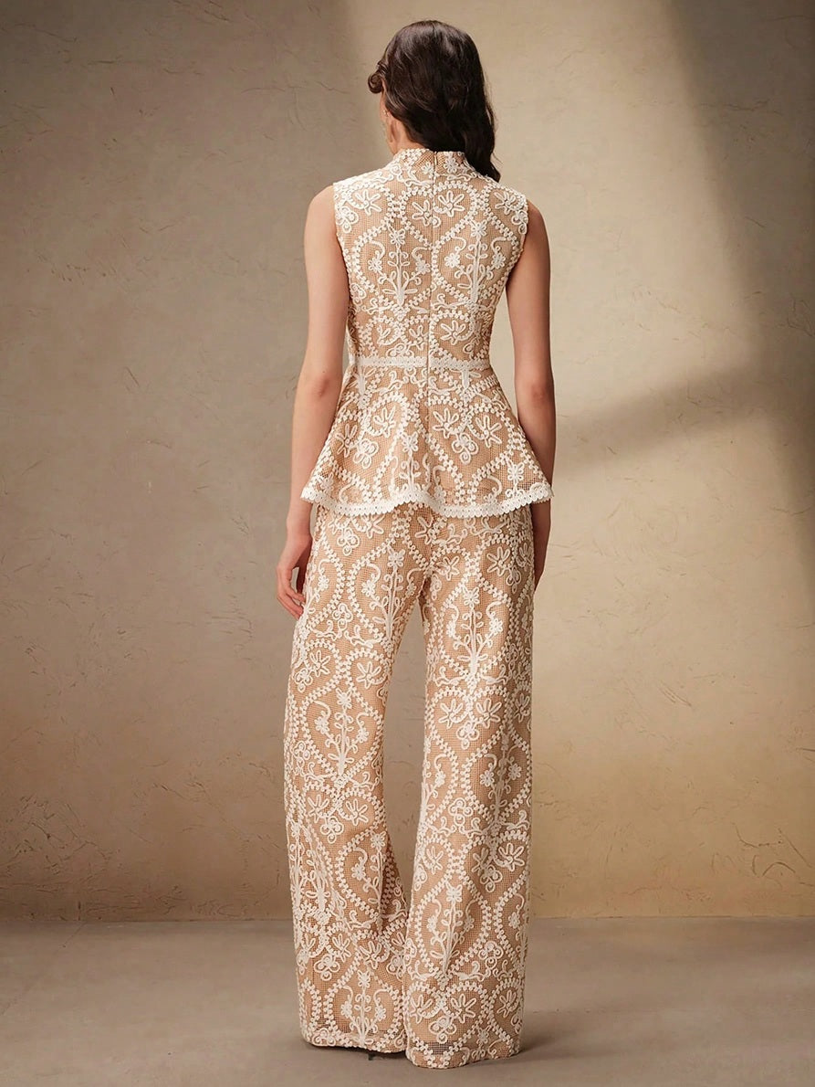 CM-SS686355 Women Elegant Seoul Style Stand Collar Sleeveless Contrast Color Embroidered Top With Straight Leg Pants - Set
